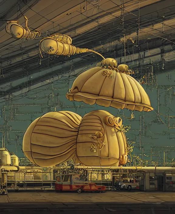 Prompt: inflated industrial plant made from fat isopod lobster octopus, in the style of puffy spaceship, botany, partly cloudy, spooky, dramatic lighting, by geof darrow, bill sienkiewicz, dan mumford, yusuke murata, makoto shinkai, ross tran, cinematic, unreal engine, cel shaded, featured on artstation, pixiv