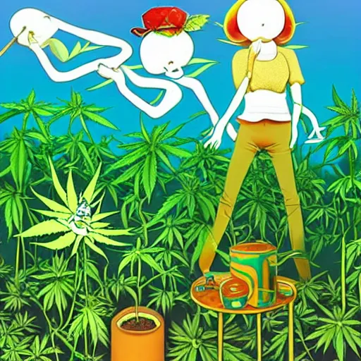 Image similar to conspiracy to keep cannabis freedom to grow pot plants in backyards illegal, colorful whimsical fantasy, by chiho aoshima