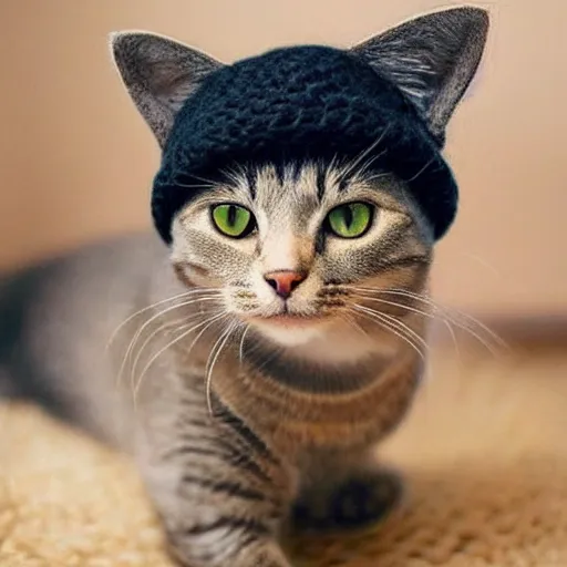 Image similar to cute cat photo, wearing wool hat, tongue mlem, cat ears