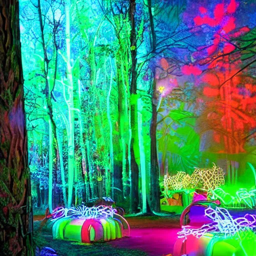 Prompt: lush enchanted forest interlocking with machines by salome totladze, bursts of color, beautiful, neon