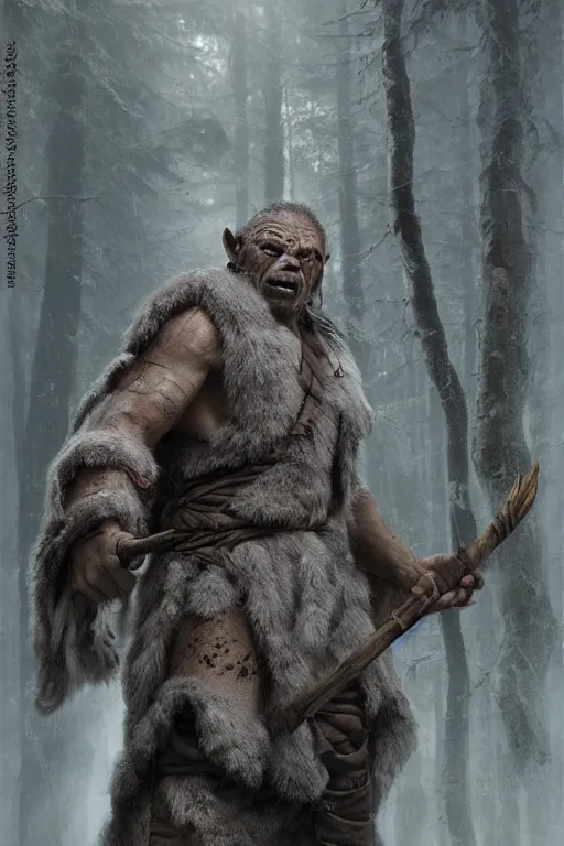 Image similar to a male orc druid, wearing a grey fur robe, holding a wooden staff in his right hand, Matte painting , detailed painting, greg rutkowski