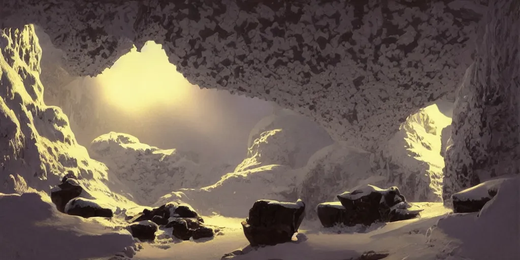 Prompt: ”snowy cavern with small shiny diamonds, light coming through, volumetric lighting, beautiful, by syd mead”