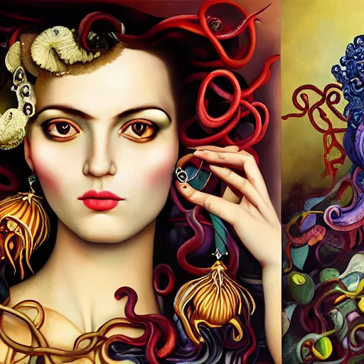 Image similar to dynamic composition, a painting of a woman with hair of octopus tentacles and sea anemones wearing ornate earrings, a surrealist painting by tom bagshaw and jacek yerga and tamara de lempicka and jesse king, featured on cgsociety, pop surrealism, surrealist, dramatic lighting, wiccan, pre - raphaelite, ornate gilded details