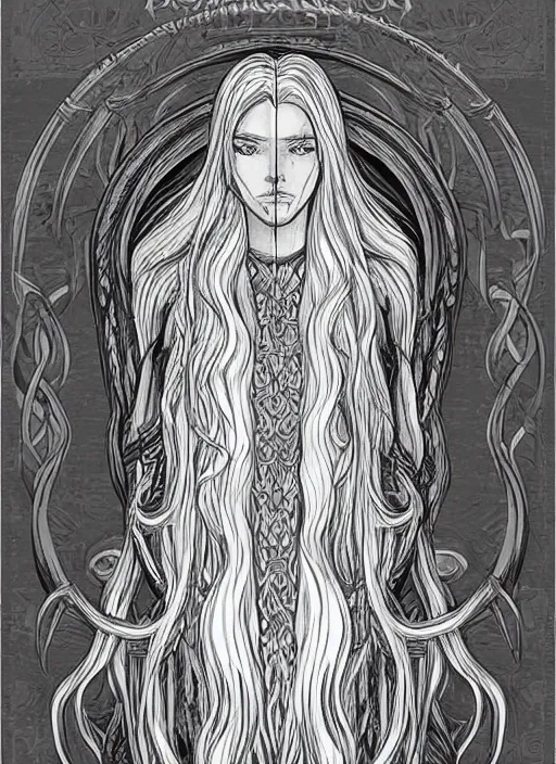 Prompt: beautiful new character concept, d & d, long blond hair, intricate design, symmetry