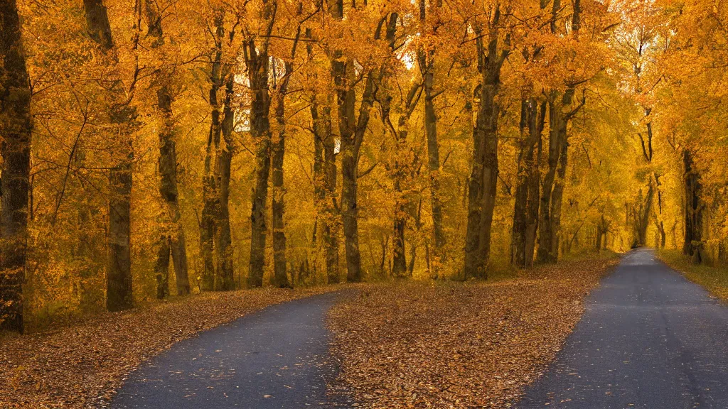 Image similar to a photograph of a country road lined on both sides by maple and poplar trees, in the autumn, red orange and yellow leaves, some leaves have fallen and are under the trees and on the road