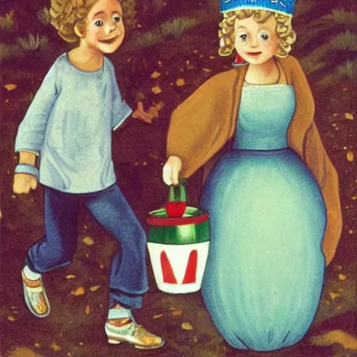 Prompt: jack and jill went up a hill to fetch a pail of water, jack fell down and broke his crown and jill came tumbling after