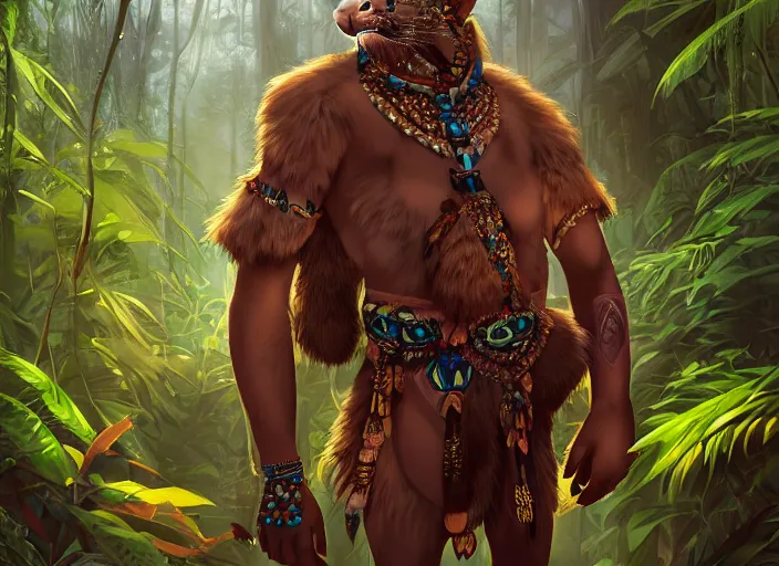 Image similar to character portrait feature of the anthro male anthropomorphic jaguar fursona animal person wearing shaman tribal outfit robes belt standing in the amazon rainforest, well framed character design stylized by charlie bowater, ross tran, artgerm, makoto shinkai, detailed, soft lighting, rendered in octane