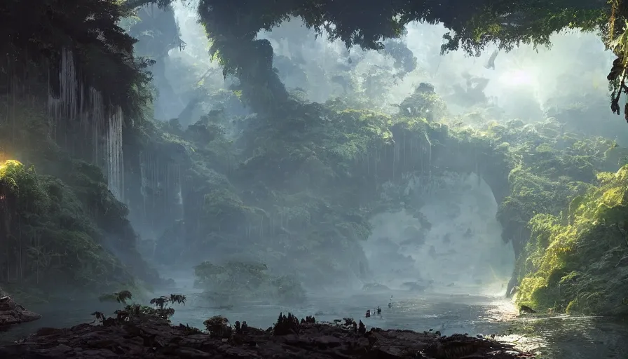 Prompt: ancient alien jungle, waterfalls, bridge, first light, sunshafts, by greg rutkowski, trending on artstation