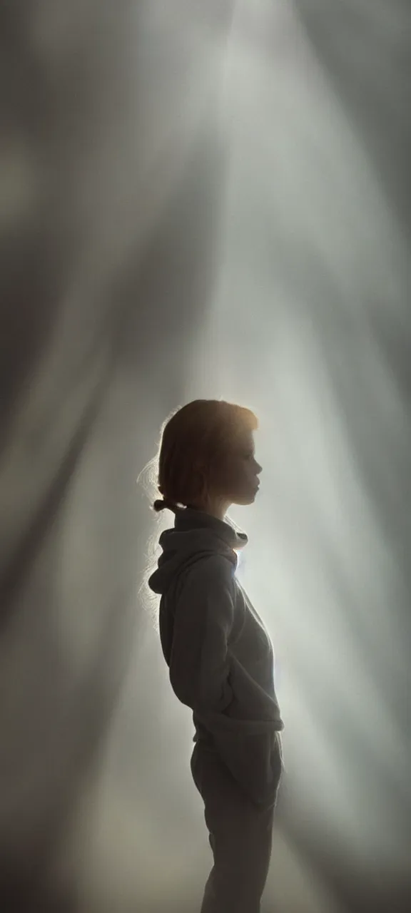 Image similar to very very beautiful photograph of emily skinner looking like annie leonhart in a hoodie standing next to a window god rays shining on her from the sunlight, volumetric fog, smoke, depth of field, beautiful composition, very very very beautifull face, on artstation and instagram, ray tracing