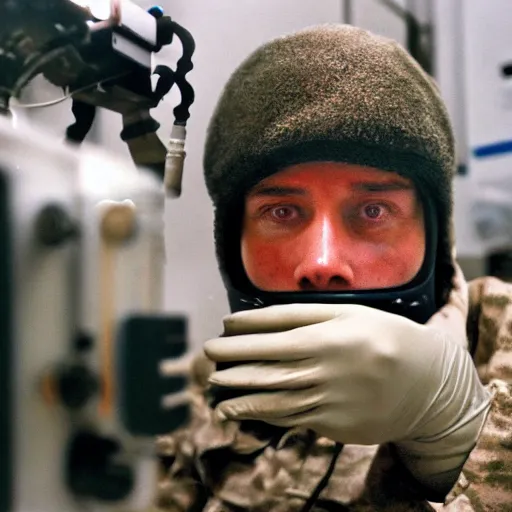 Image similar to filmic extreme close up shot movie still 4 k uhd interior 3 5 mm film color photograph of a scientist putting his hands into the mouth of a camouflaged solder in a lab in antarctica