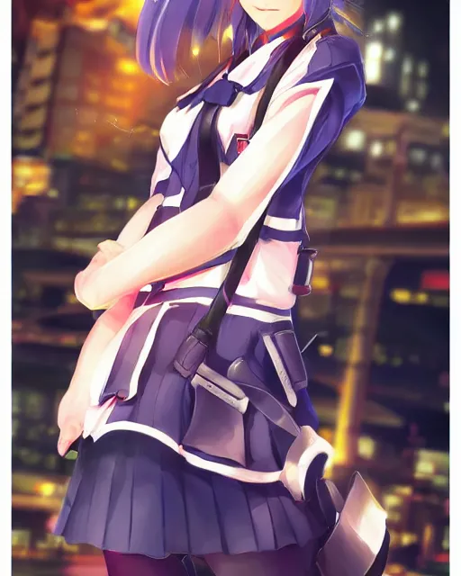 Image similar to full body portrait of anime schoolgirl in mechanic armor in night tokyo by makoto sinkai, perfect face, fine details