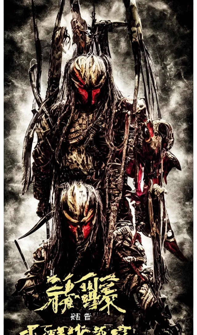 Image similar to movie poster for predator film shot in feudal japan staring hiroyuki sanada as a disgraced ronin, who hunts down the predator after he fails to protect his master from it