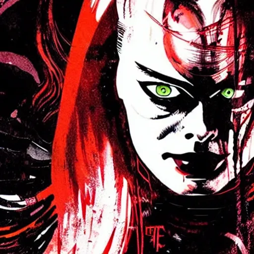 Image similar to a movie poster of Margot Robbie looking sinister, by Tsutomu Nihei, highly detailed