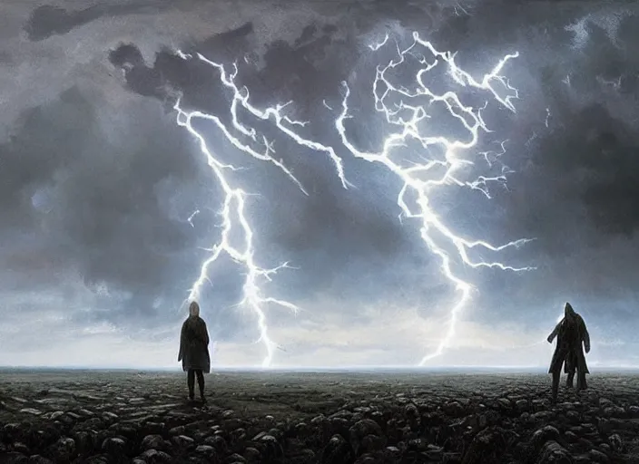 Prompt: a man with a long wavy black hair wearing a long blue coat and stands with his back to the viewer on bare rocky ground looking up at an immense approaching lightning storm. roiling dramatic threatening dangerous looming clouds. fantasy art by greg rutkowski and michael whelan