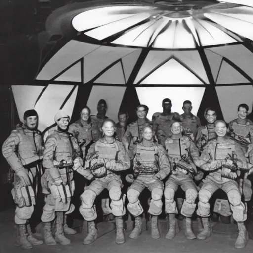 Prompt: a squad of futuristic soldiers posing for a group photo in a spaceship