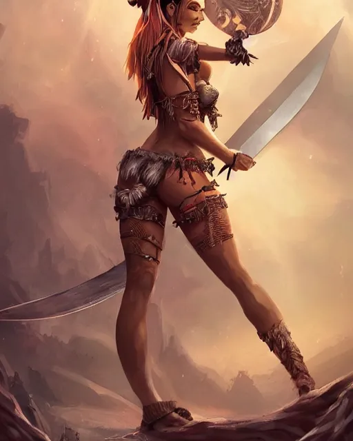 Prompt: A beautiful female warrior holding an enchated sword wearing a magical bikini in a magical forest, super detailed face, beautiful eyes, fantasy art, in the style of Artgerm, illustration, epic, fantasy, intricate, hyper detailed, artstation, concept art, smooth, sharp focus, ray tracing, vibrant, shot from the back
