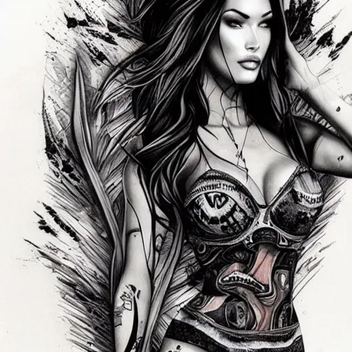 Image similar to tattoo design sketch of megan fox mash up effect with beautiful mountain scenery, in the style of matteo pasqualin, amazing detail