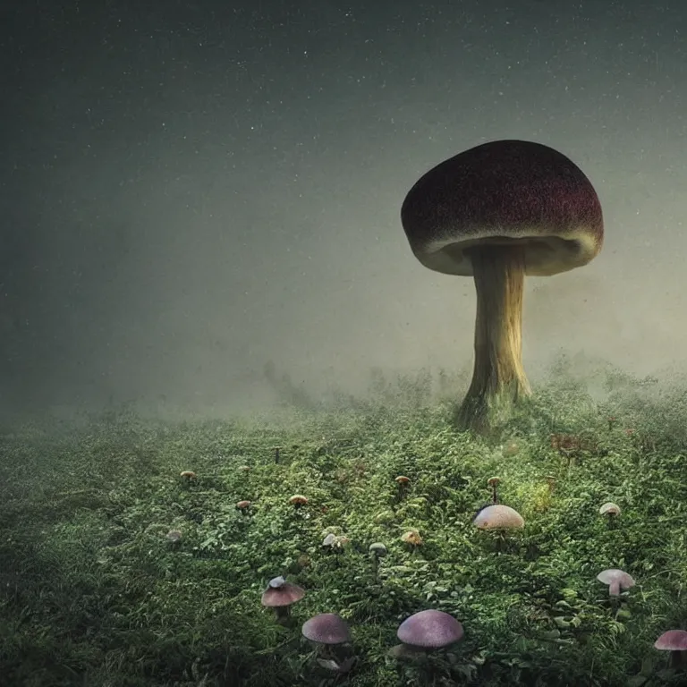 Image similar to a planet of various fungus, mushrooms and plants, inside the picture is infinity, Atmospheric phenomenon, artistic photography, muted colors, conceptual, long exposure outside the city, volumetric light