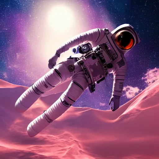 Image similar to A wide angle shot from below of a female astronaut with a feminine body walking with swagger towards camera on mars in an infinite universe , synthwave digital art