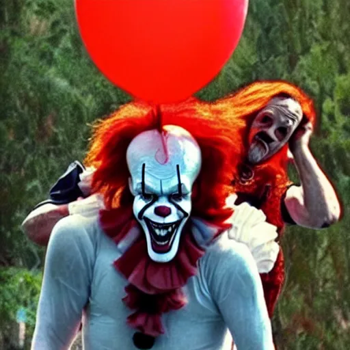 Image similar to pennywise the clown riding on danny trejo's back in a mystical void