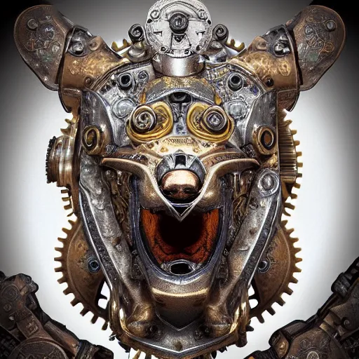 Image similar to A steampunk ornate wolf made of engraved full plate armor and gears, Macro shot by Justin Gerard, unreal engine, physically based rendering