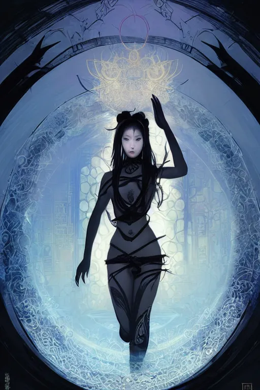 Image similar to beautiful female Ninja and mystery and gorgerous and black magic and stunning portrait+shiny eyes+light flowing hair, in mudra night ruin tokyo temple, ultradetail face, art and illustration by tian zi and craig mullins and WLOP and alphonse mucha, rim lght, fantasy, intricate complexity, human structure, fantasy world concept, watermark, blurry, hyperrealism 8k