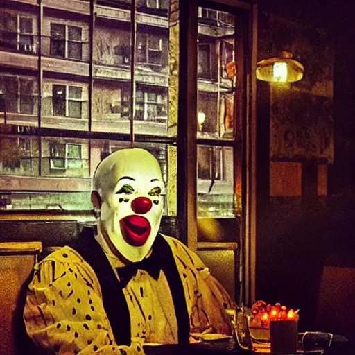 Image similar to Clown sitting in an empty diner at night, Gothic Art, color, award-winning art, horror, scary, eerie, ominous, unnerving, 8k