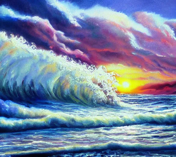 Image similar to a beautiful painting of a beach sunset with raging waves