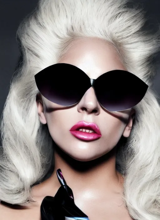 Image similar to lady gaga styled by nick knight posing, born this way 2 0 1 1 album inspired, photohoot, long platinum blonde hair with bangs fringe, versace sunglases, vogue magazine, canon, highly realistic. high resolution. highly detailed. dramatic. 8 k. 4 k.