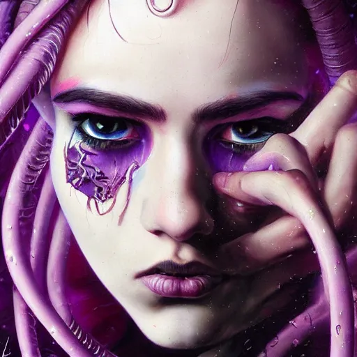 Image similar to detailed art portrait of a furious teen girl with thin, hair-like purple tentacles on her head and bright purple eyes, 8k,by tristan eaton, Stanley Artgermm,Tom Bagshaw,Greg Rutkowski,Carne Griffiths,trending on DeviantArt, face enhance,hyper detailed ,full of colour