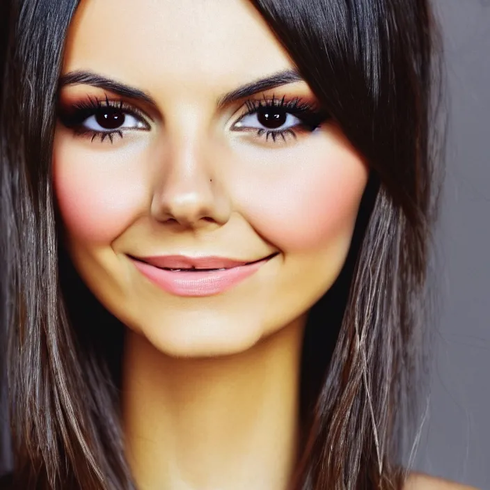 Image similar to film still of victoria justice, portrait, face, eyes, skin, hair, wallpaper, intricate, beautiful, serene, majestic, detailed, ultra, mega, super, visable sounds waves