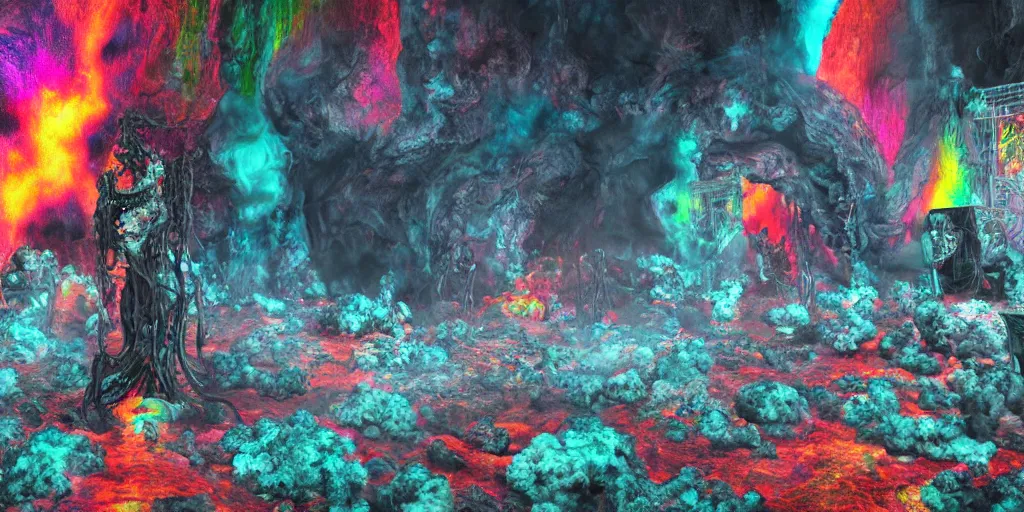 Image similar to death metal concert inside an active volcano, intricate complexity, horror, rainbow drip paint, psychedelic glitch art, trending on art station, photoreal, 8k, octane render