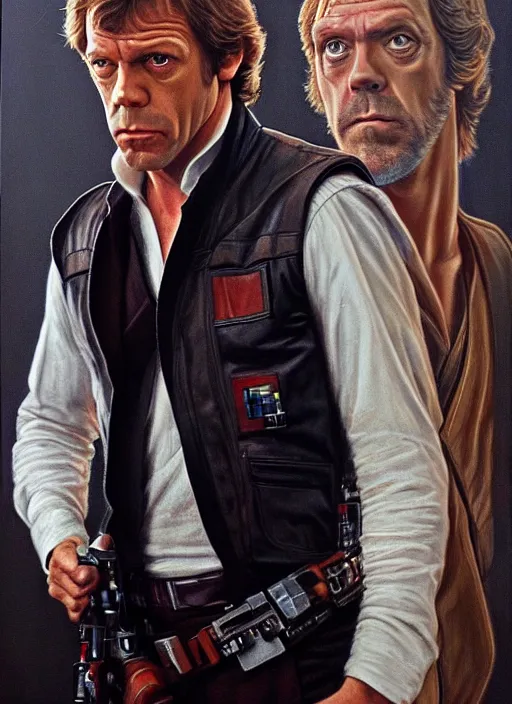 Image similar to upper body portrait of hugh laurie as han solo in star wars ( 1 9 7 7 ), wearing han solos clothes, wearing a black vest and a white shirt, hyperrealistic, very detailed painting by glenn fabry, by joao ruas, by artgerm