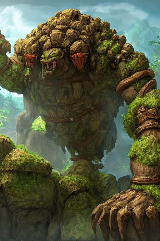 Image similar to zelda fantasy art giant golem troll wood rock greeble gemstone, global illumination ray tracing hdr fanart arstation by sung choi and eric pfeiffer and gabriel garza and casper konefal