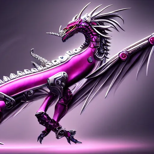 Image similar to highly detailed exquisite fanart, of a luxury car, shiny silver armor engraved, Fuchsia skin beneath the armor, elegant pose, close-up shot, streamline design, full body shot, epic cinematic shot, long elegant tail behind, sharp claws, robot dragon hands and feet, professional digital art, high end digital art, singular, realistic, DeviantArt, artstation, Furaffinity, 8k HD render