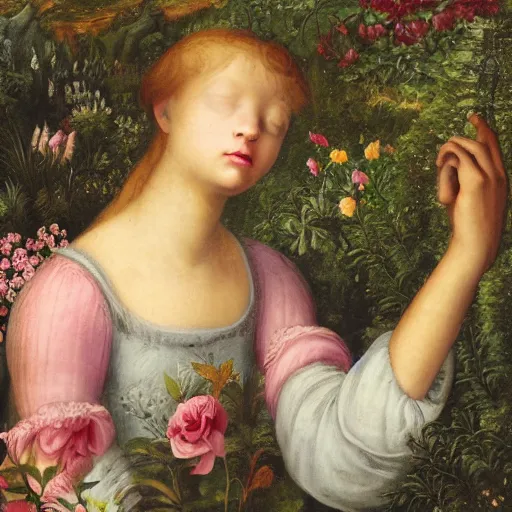 Image similar to a girl lost in a forest, castel in the background, flowers, dreamy renaissance