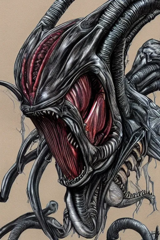 Image similar to a realistic color drawing of an angry xenomorph, portrait, aaron horkey