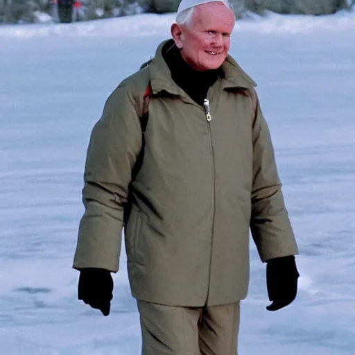 Image similar to john paul ii in a black puffed nuptse, black cargo pants and high black boots, press paparazzi photograph