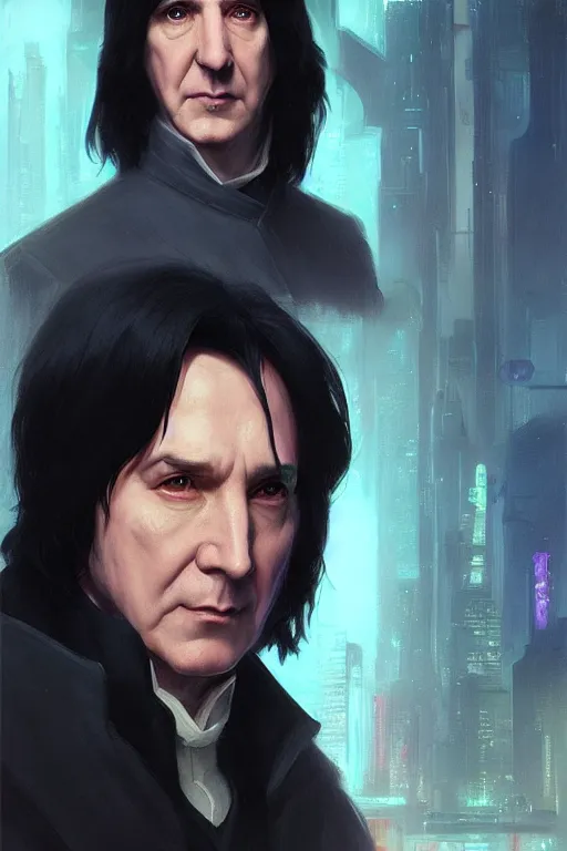 Image similar to portrait of severus snape with visor in cyberpunk, neon lighting, night city, digital art from artstation by Ruan Jia and Mandy Jurgens and Artgerm and william-adolphe bouguereau and Greg Rutkowski