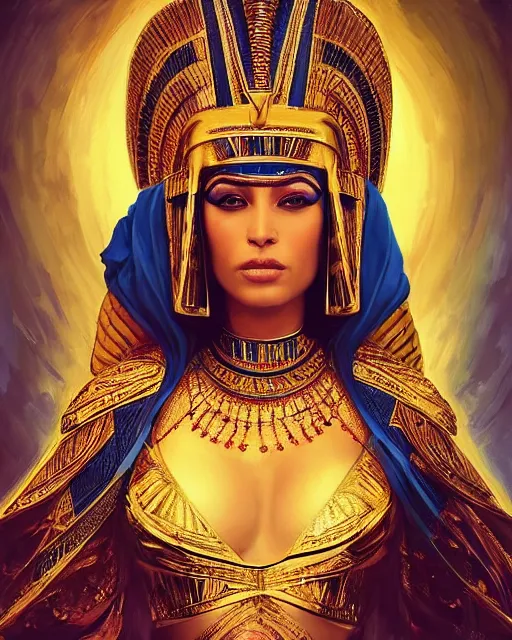 Image similar to Jessica Kahawaty as a beautiful egyptian princess, gorgeous, portrait, Symmetrical, powerful, intricate, beautiful, masterpiece, elegant, volumetric lighting, dramatic lighting, highly detailed, artstation, sharp focus, no cropping, illustration, Artgerm, Jean-Léon Gérôme , ruan jia