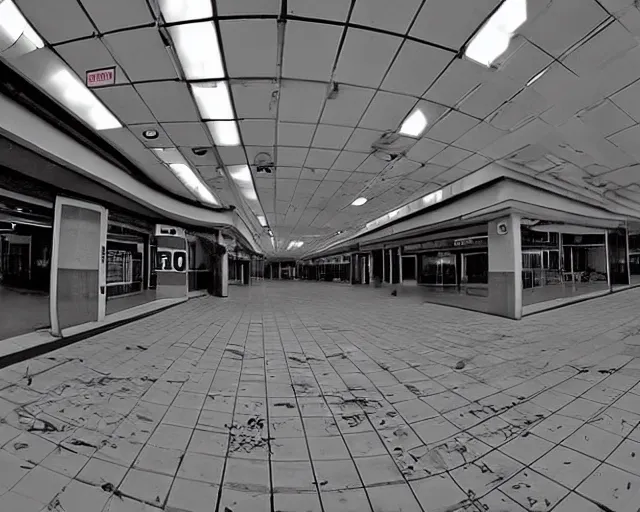 Prompt: camera footage of an abandoned shopping mall overrun by huge spiders and cobwebs, high exposure, dark, monochrome, camera, grainy, CCTV, security camera footage, timestamp, zoomed in, fish-eye lense, spiders!, webs!