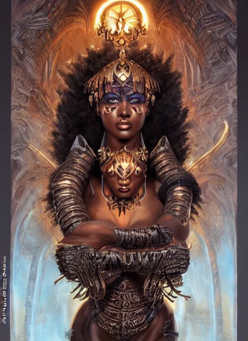 Prompt: a highly detailed symmetrical full body painting of a dark skinned female amazon sorceress with piercing beautiful eyes in dark tomb setting, dynamic lighting, ambient lighting, deviantart, art by artgerm and karol bak and mark brooks