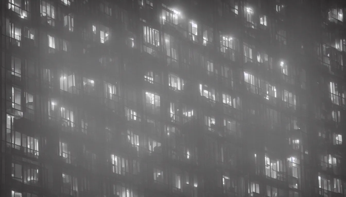 Prompt: Spying into the windows of a small tower block from outside , observing the private lives of the human inhabitants, volumetric lighting shines through the misty nighttime sky , full colour