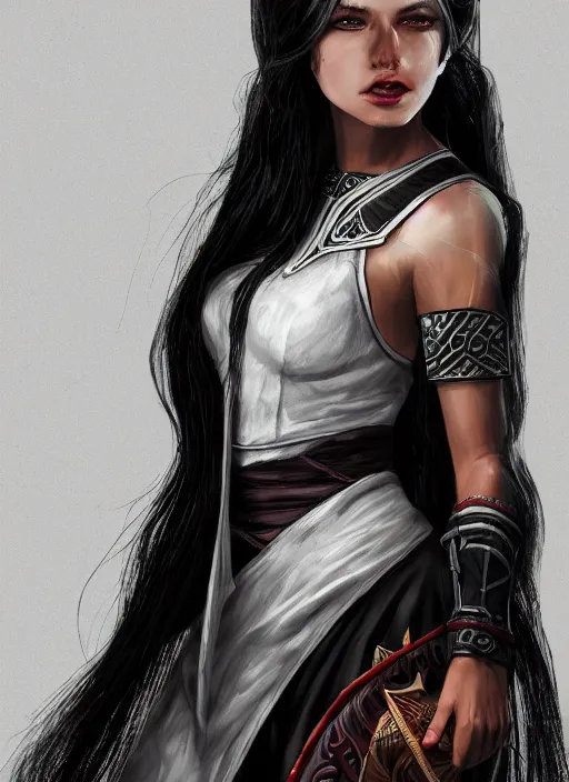 Image similar to An epic fantasy comic book style portrait painting of a girl with long straight hair, hair is half black half white, she is wearing a dress with a chess pattern, Unreal 5, DAZ, hyperrealistic, octane render, cosplay, RPG portrait, dynamic lighting