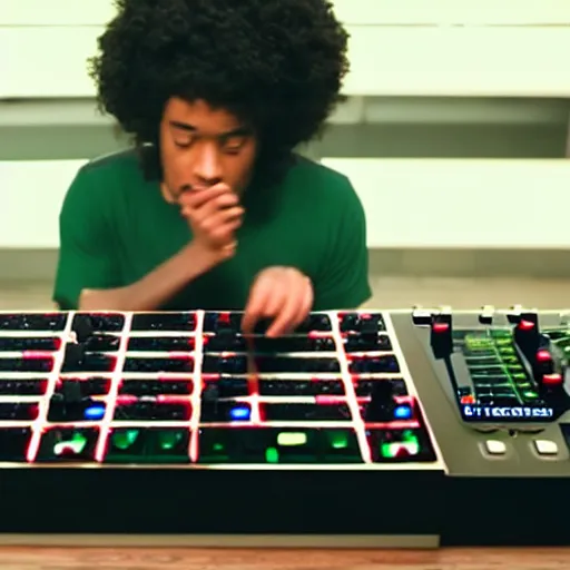 Prompt: film still of bipedal fresh vegetables making beats on an mpc