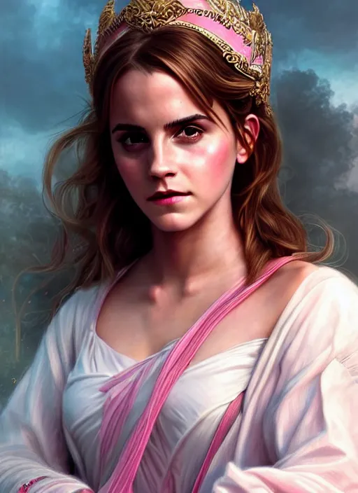 Image similar to emma watson as magic healer goddess, long hair, white and pink cloth, D&D, shiny background, intricate, elegant, highly detailed, digital painting, artstation, concept art, smooth, sharp focus, illustration, artgerm, bouguereau