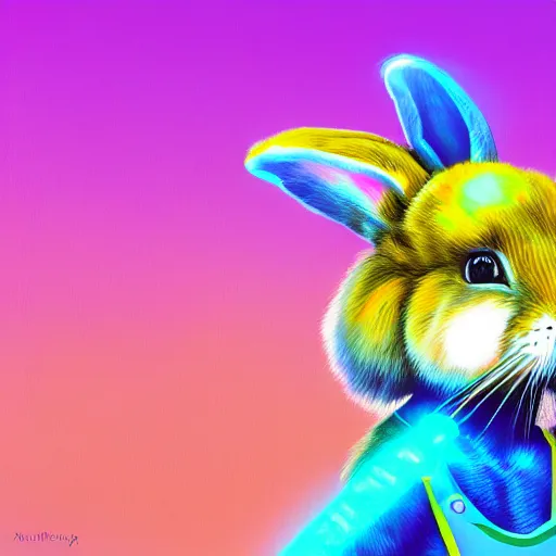 Image similar to portrait of rabbit with UV neon fur holding a machine gun , 8k, highly detailed, sharp, realistic, in style of Lisa Frank, Artstation, deviantart