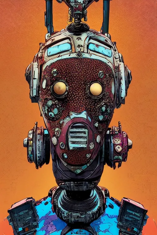 Prompt: Afrofuturis voodoo mask helmet bot borderland that looks like it is from Borderlands and by Feng Zhu and Loish and Laurie Greasley, Victo Ngai, Andreas Rocha, John Harris