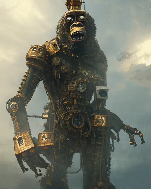 Image similar to oil painting of King Kong Steampunk Robot Hybrid, sharp focus, fantasy style, steampunk city background, octane render, volumetric lighting, 8k high definition, by greg rutkowski, highly detailed, trending on art Station