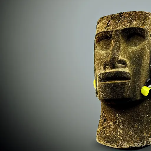 Image similar to a high detail photo of a moai wearing headphones